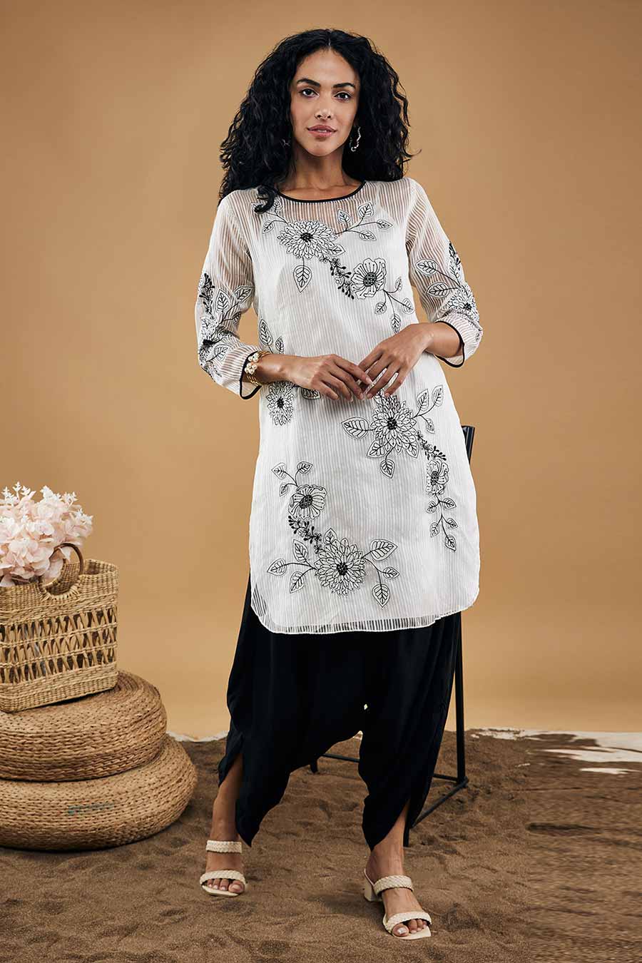 White & Black Nazli Patch Work Kurta Set