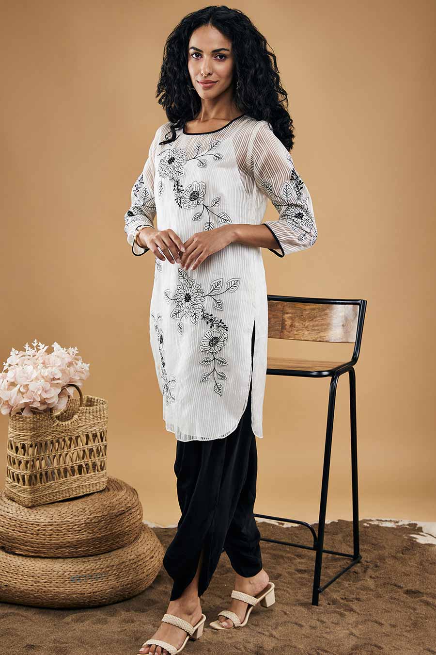 White & Black Nazli Patch Work Kurta Set