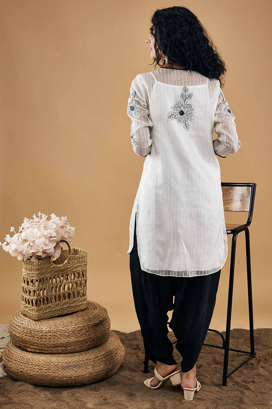 White & Black Nazli Patch Work Kurta Set