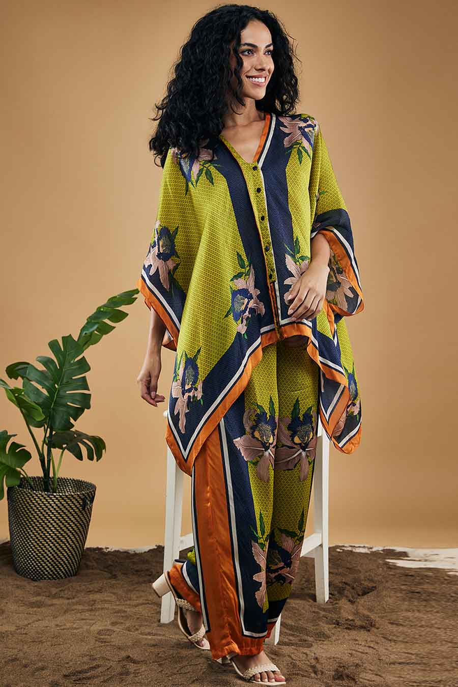 Green Orchid Bloom Printed Kimono Shirt With Pants