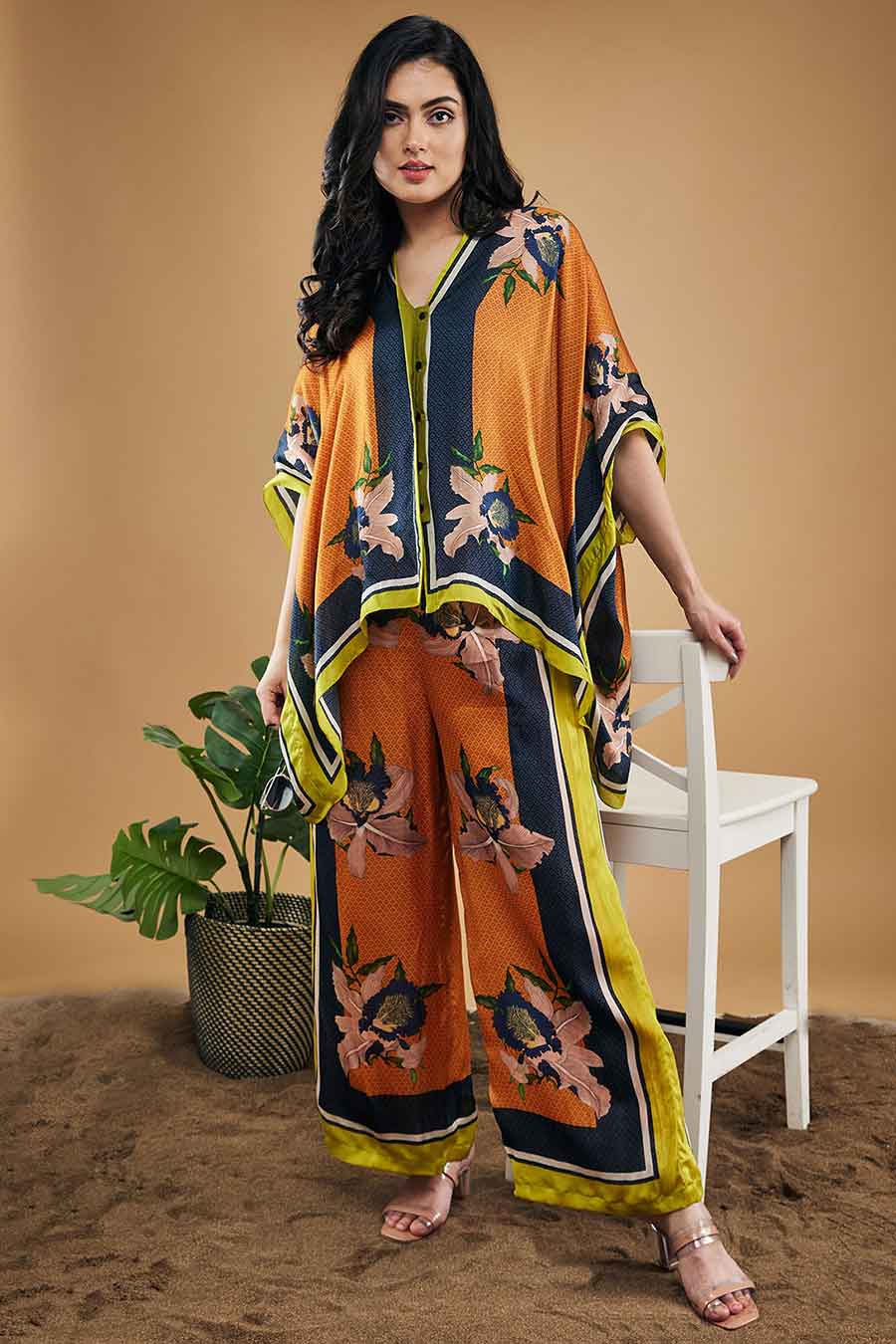 Orange Orchid Bloom Printed Kimono Shirt With Pants