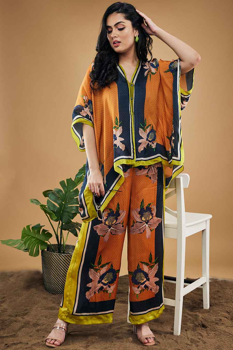 Orange Orchid Bloom Printed Kimono Shirt With Pants