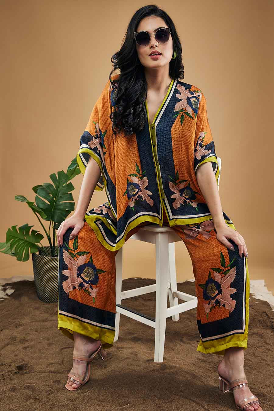 Orange Orchid Bloom Printed Kimono Shirt With Pants