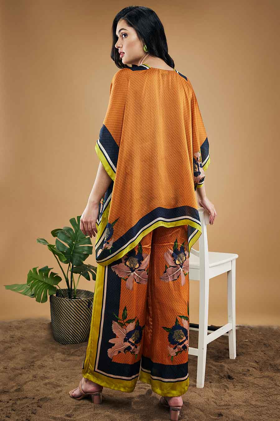 Orange Orchid Bloom Printed Kimono Shirt With Pants