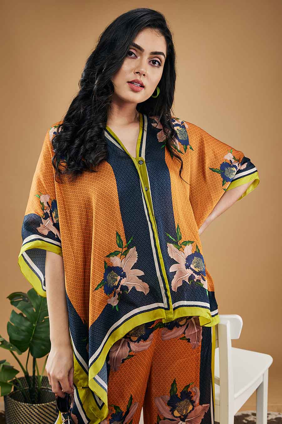 Orange Orchid Bloom Printed Kimono Shirt With Pants