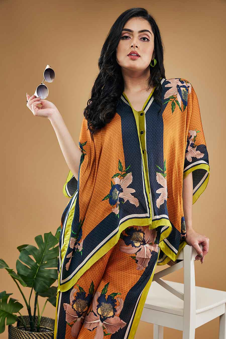 Orange Orchid Bloom Printed Kimono Shirt With Pants