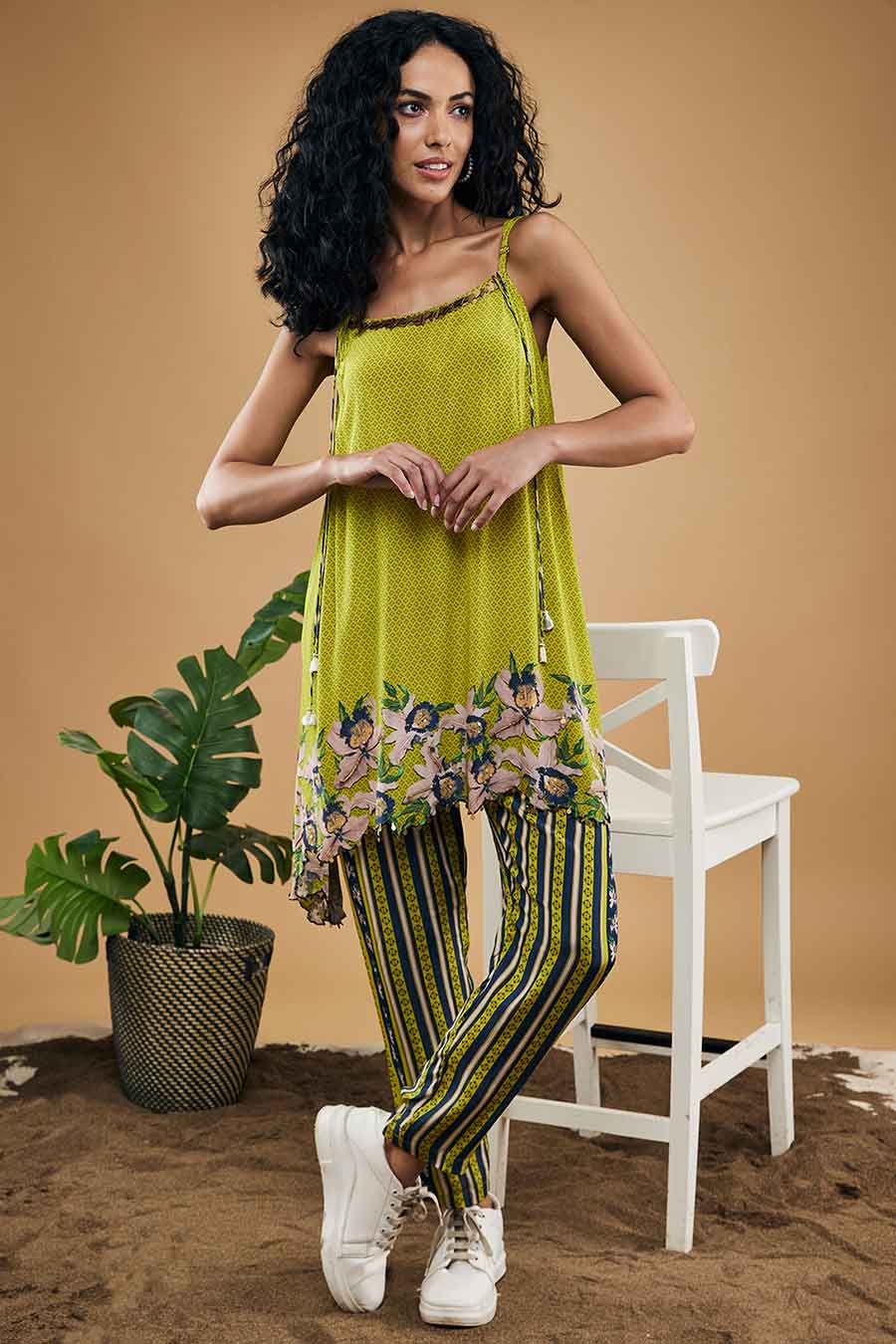 Green Orchid Bloom Embellished Top With Pants