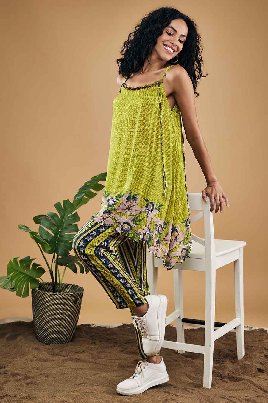 Green Orchid Bloom Embellished Top With Pants