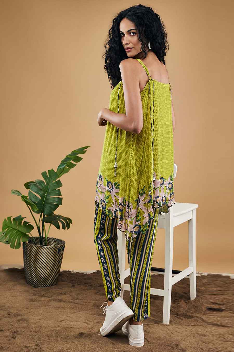 Green Orchid Bloom Embellished Top With Pants