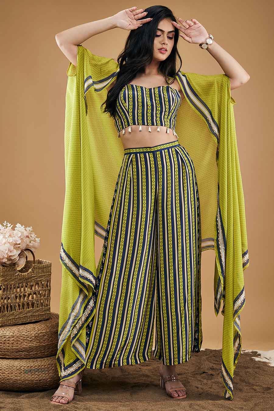 Green Orchid Bloom Printed Co-Ord Set With Cape