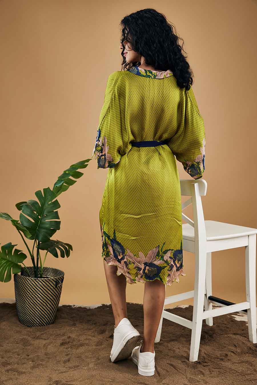 Green Orchid Bloom Printed Kimono Dress With Belt