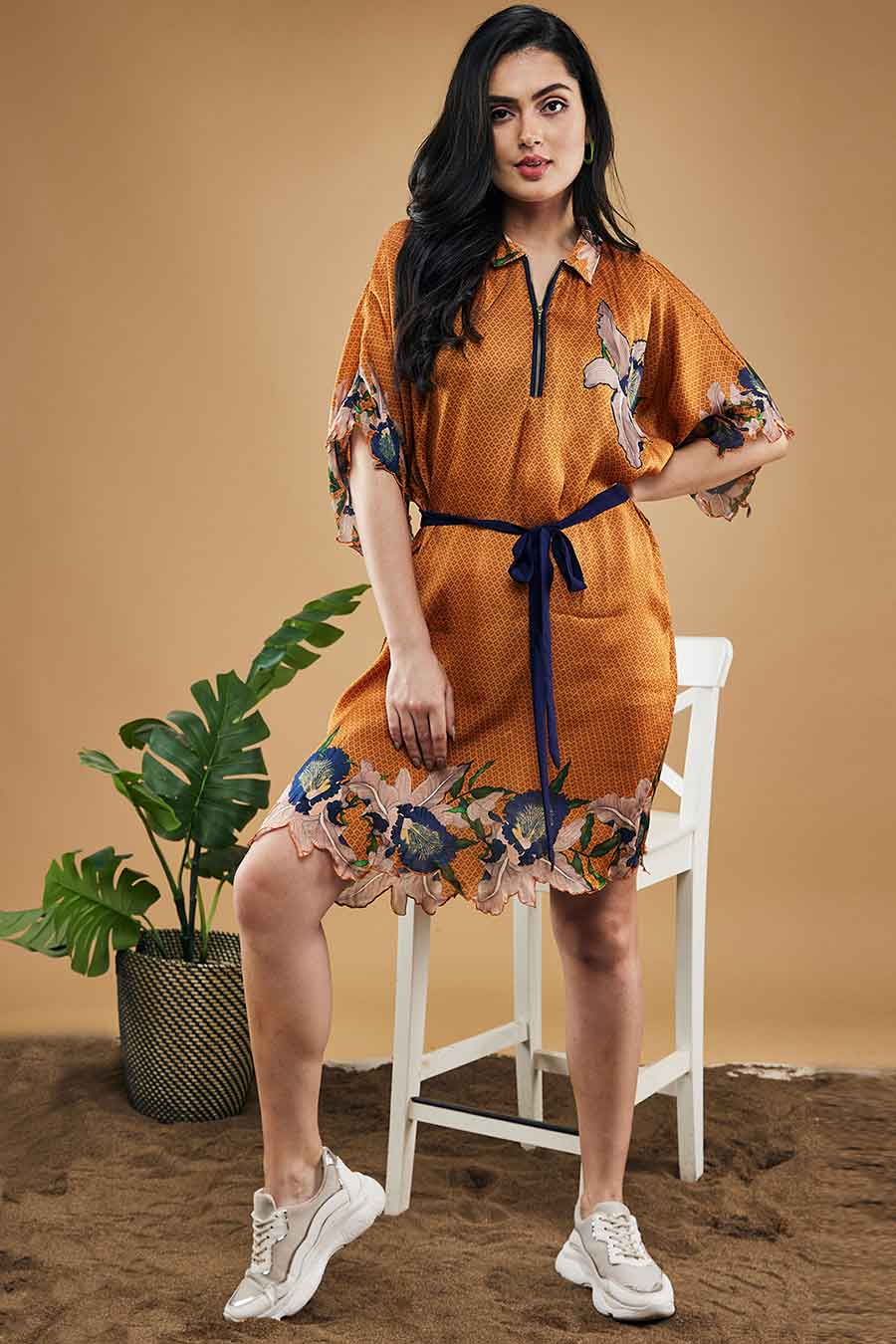 Orange Orchid Bloom Printed Kimono Dress With Belt