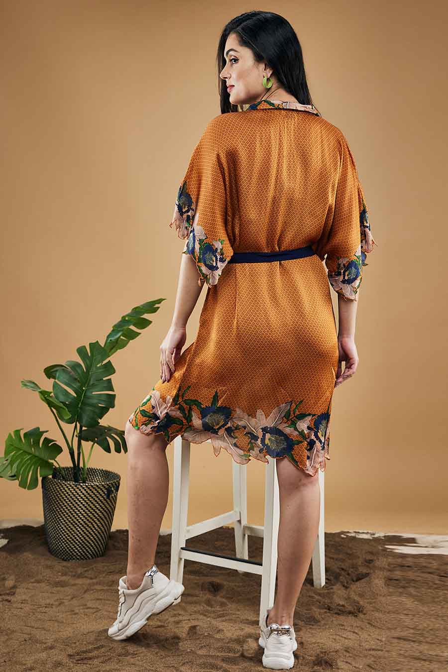 Orange Orchid Bloom Printed Kimono Dress With Belt