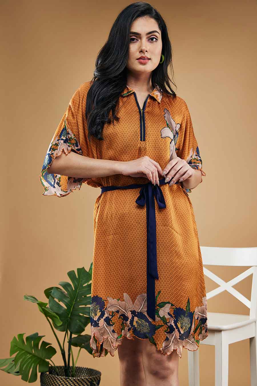 Orange Orchid Bloom Printed Kimono Dress With Belt