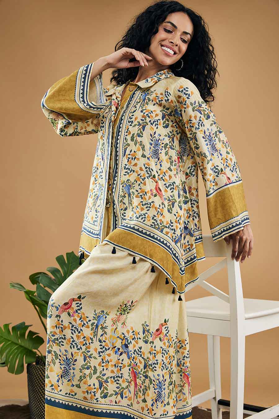 Yellow Bird & Tile Embellished Shirt With Pants