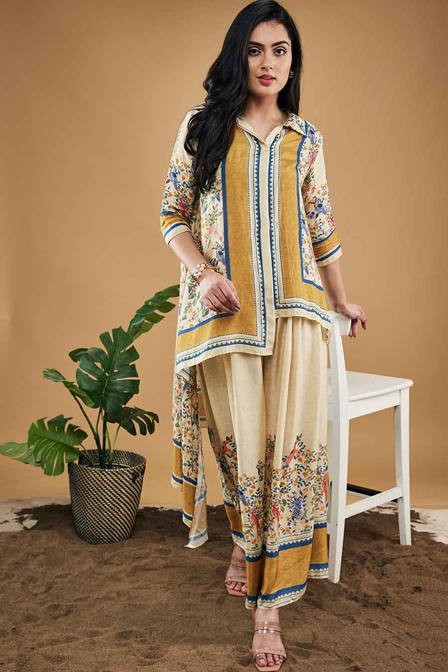 Yellow Bird & Tile Printed High-Low Shirt With Pant