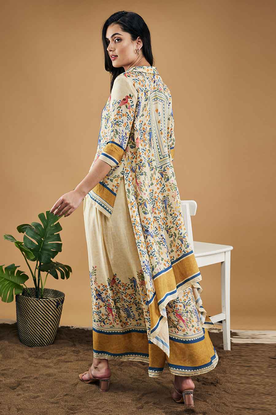 Yellow Bird & Tile Printed High-Low Shirt With Pant