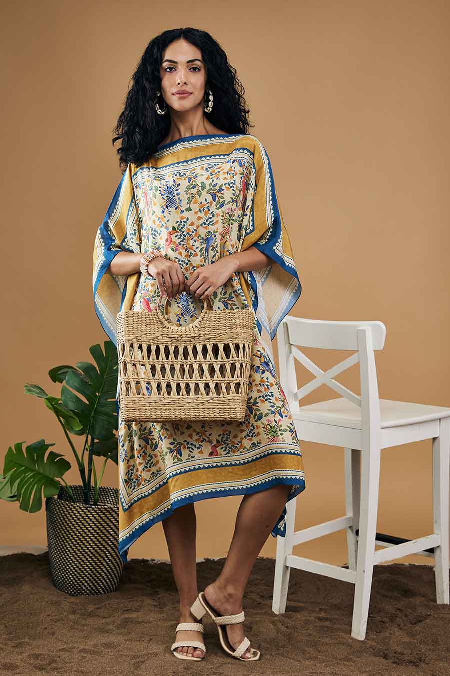 Yellow Bird & Tile Printed Kaftan Dress