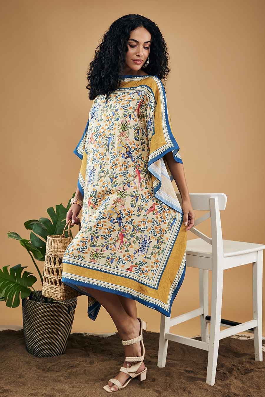 Yellow Bird & Tile Printed Kaftan Dress