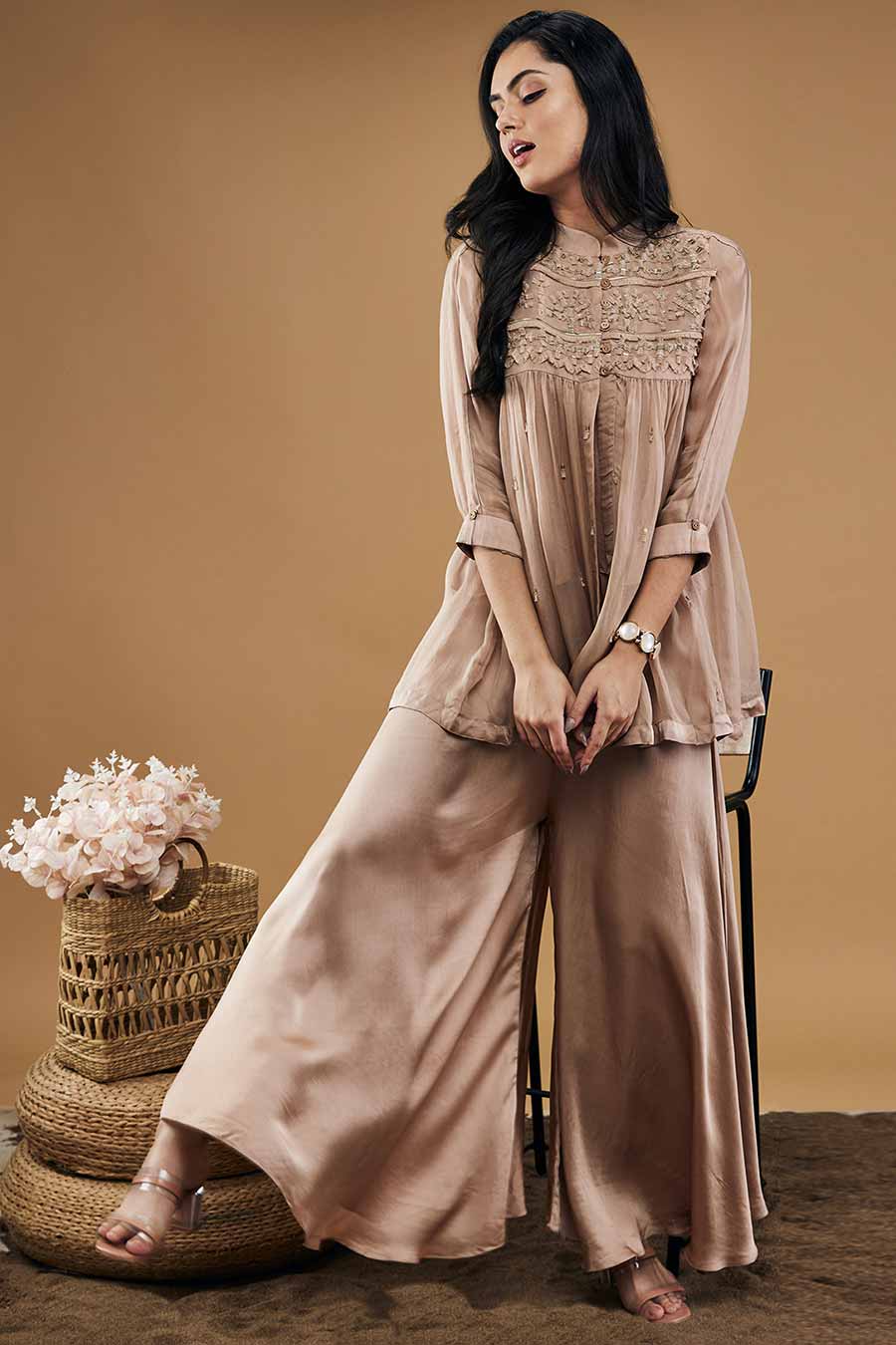 Mauve Azra Embellished Kurta With flared Pants