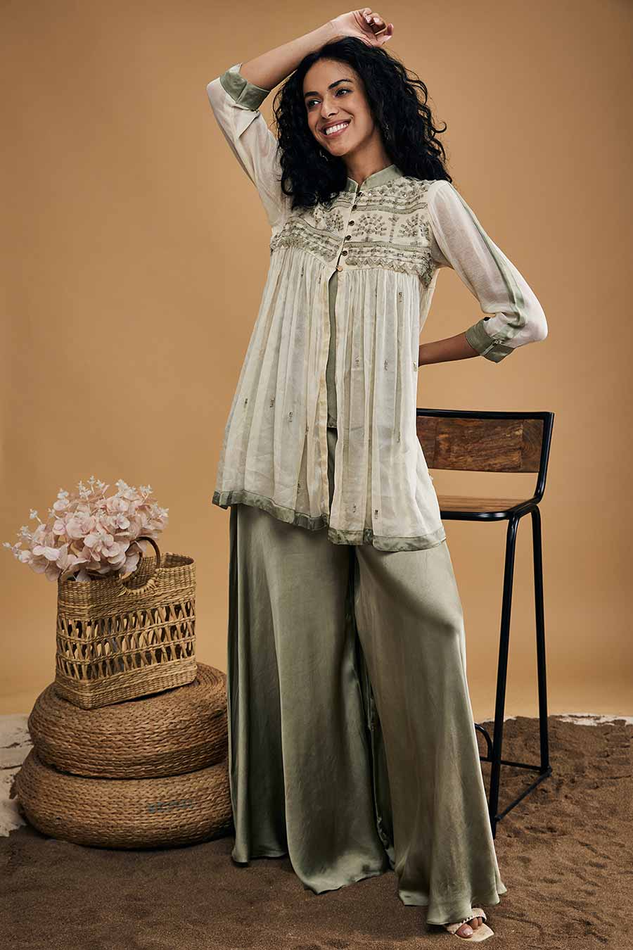 Grey Azra Embellished Top With Flared Pants