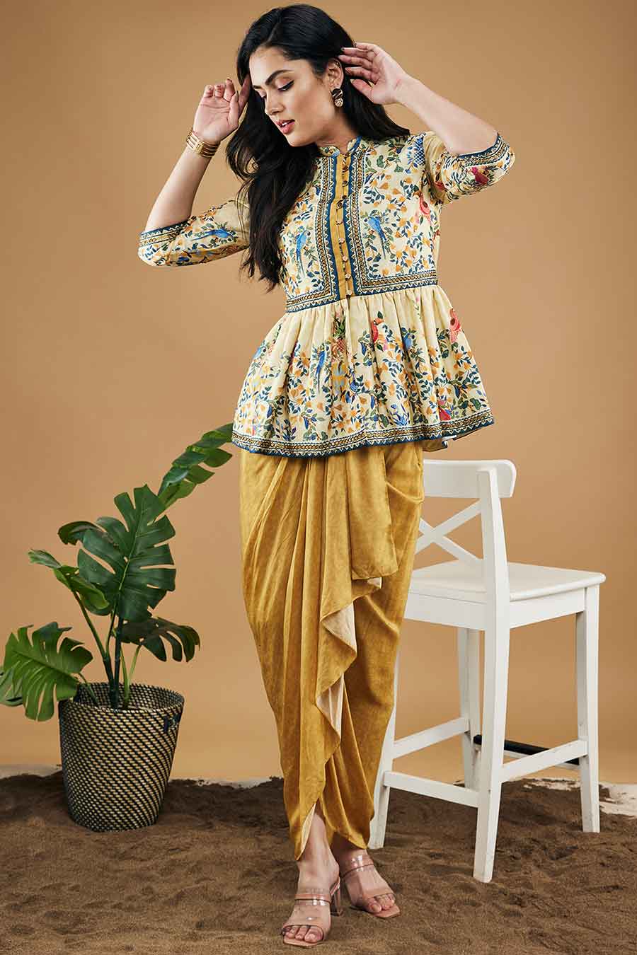 Yellow Bird Tile Printed Peplum Top With Drape Skirt