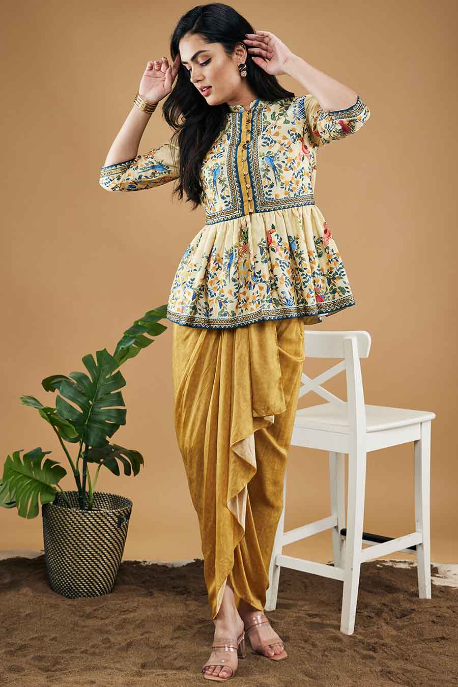 Yellow Bird & Tile Printed Peplum Top With Drape Skirt