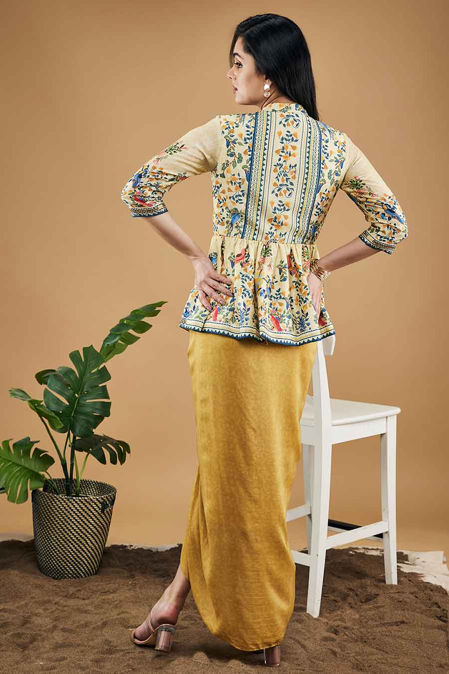 Yellow Bird & Tile Printed Peplum Top With Drape Skirt