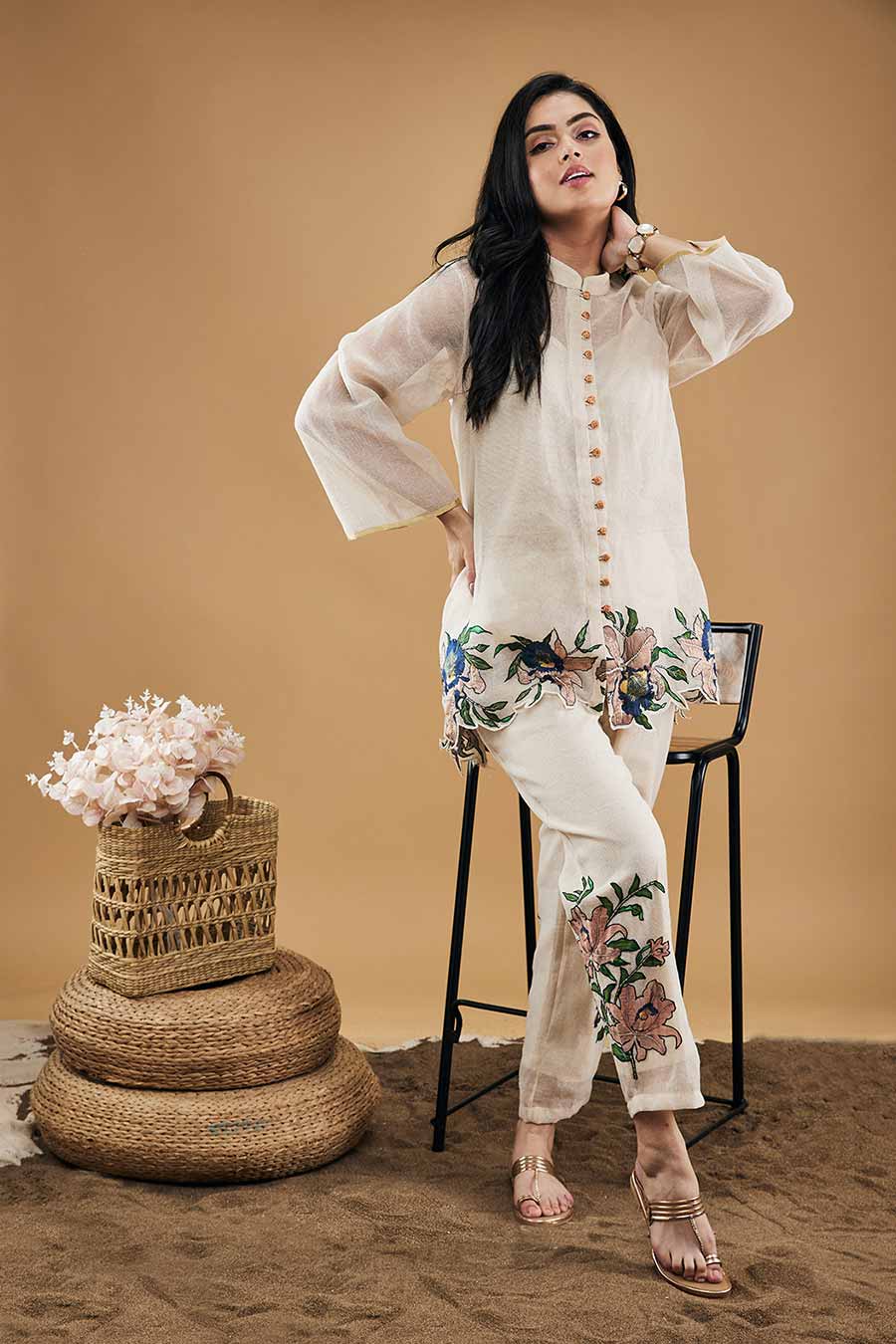 Off-White Orchid Bloom Applique Shirt With Pants