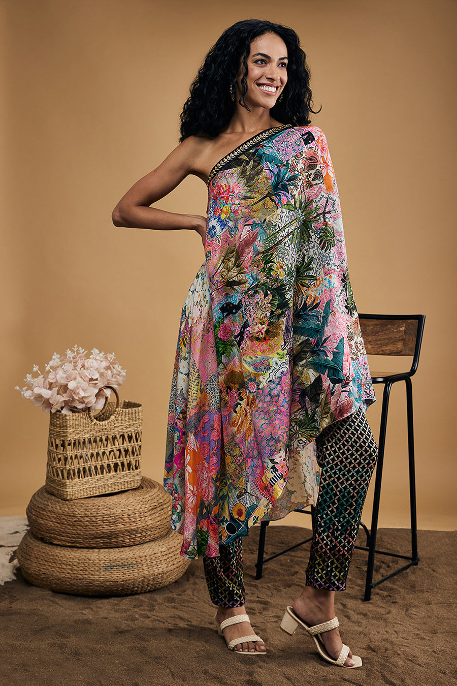 Tropical Twilight Printed One-Shoulder Kaftan With Pants