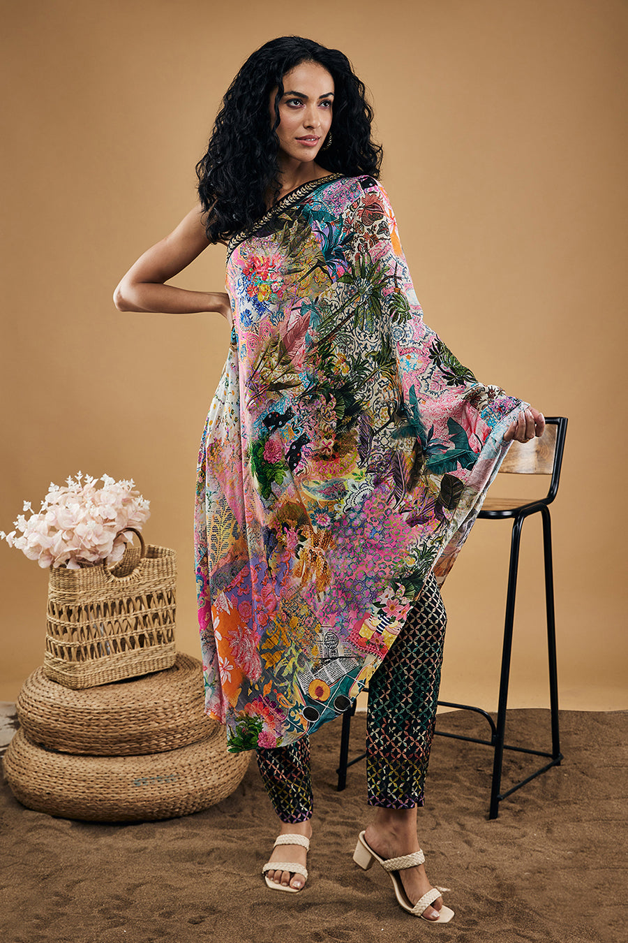 Tropical Twilight Printed One-Shoulder Kaftan With Pants