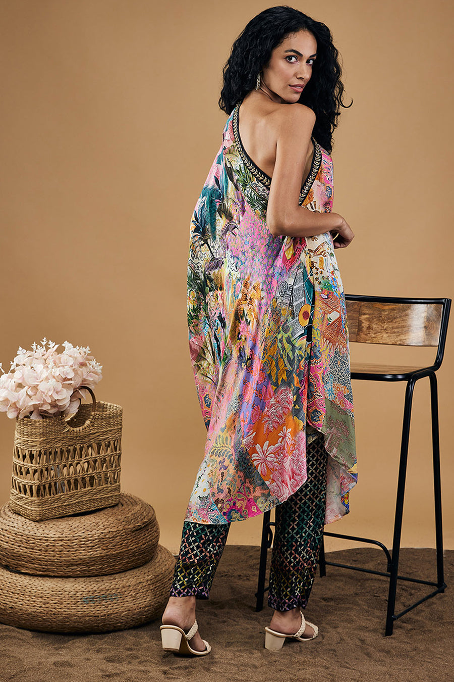 Tropical Twilight Printed One-Shoulder Kaftan With Pants