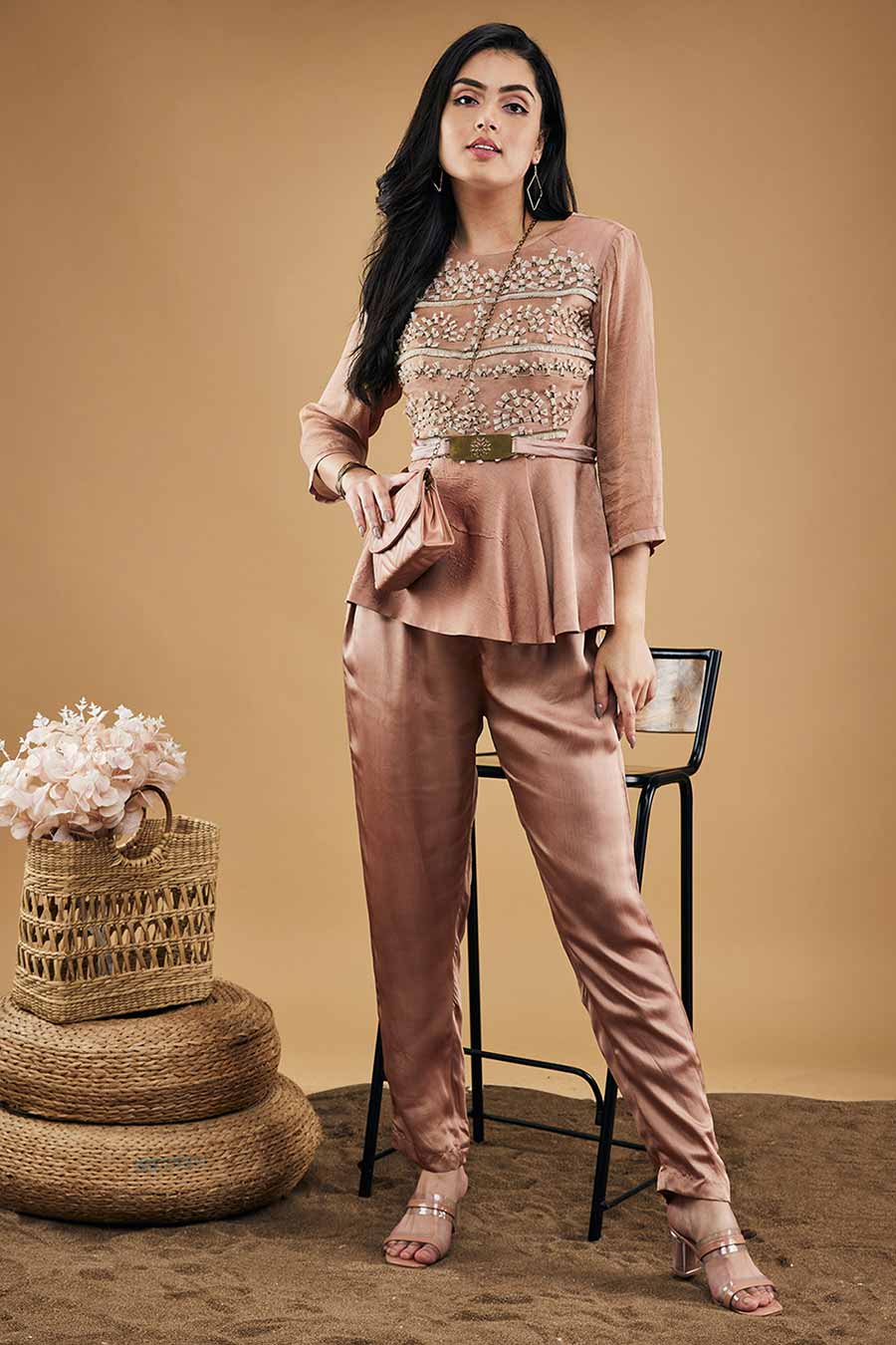 Mauve Azra Embellished Peplum Top And Pants