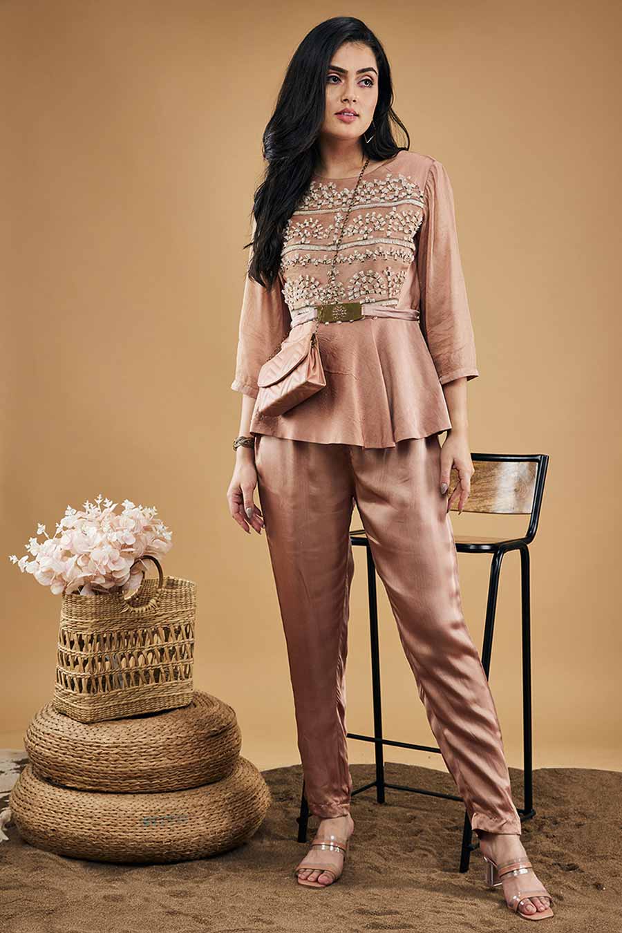 Mauve Azra Embellished Peplum Top And Pants