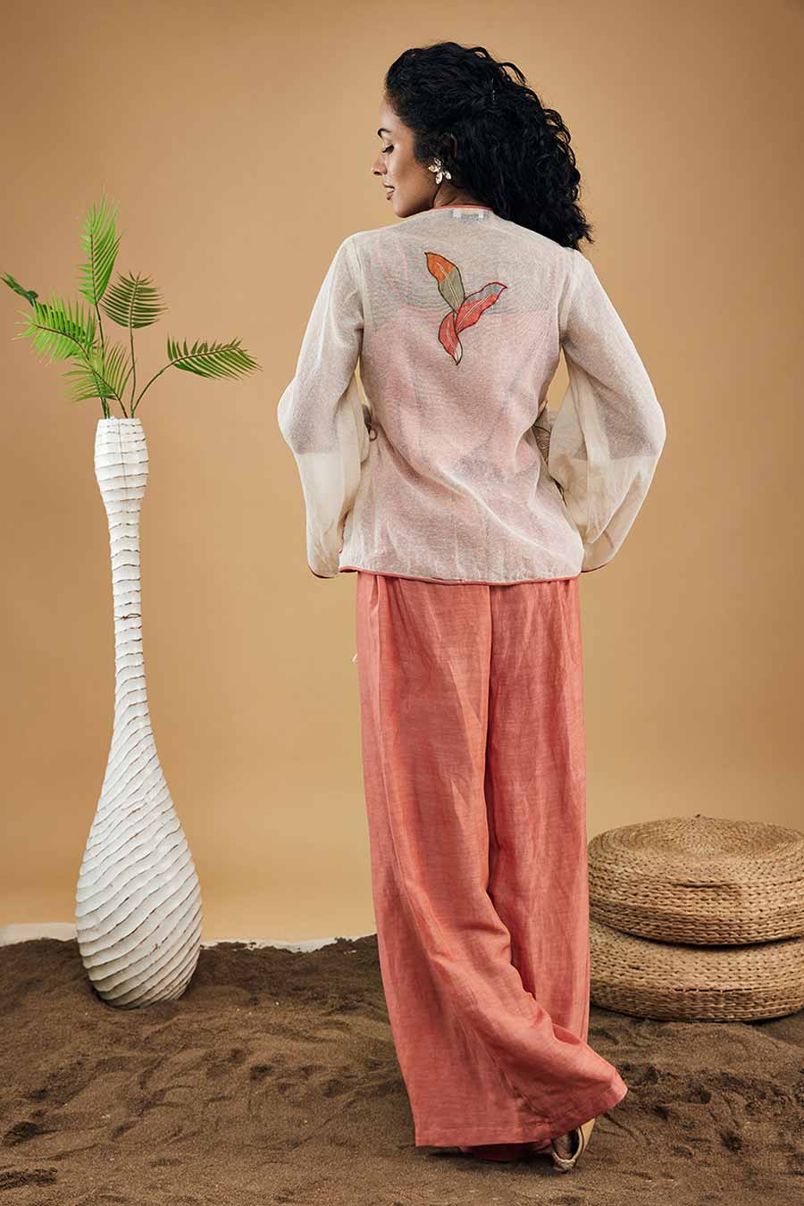 Off-White & Peach Conversational Patchwork Top And Pants