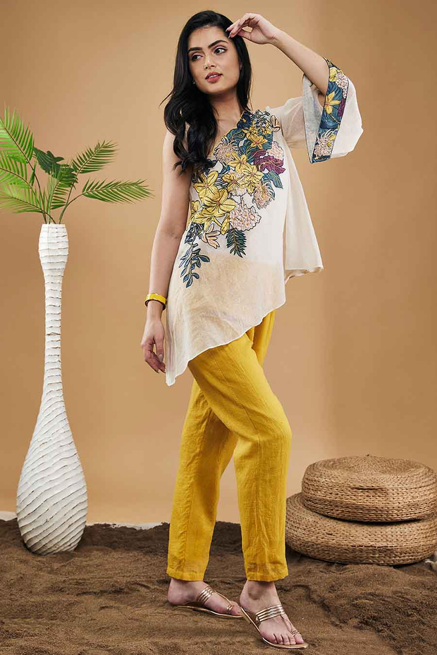Off-White & Yellow Zinnia Applique One shoulder Top With Pants