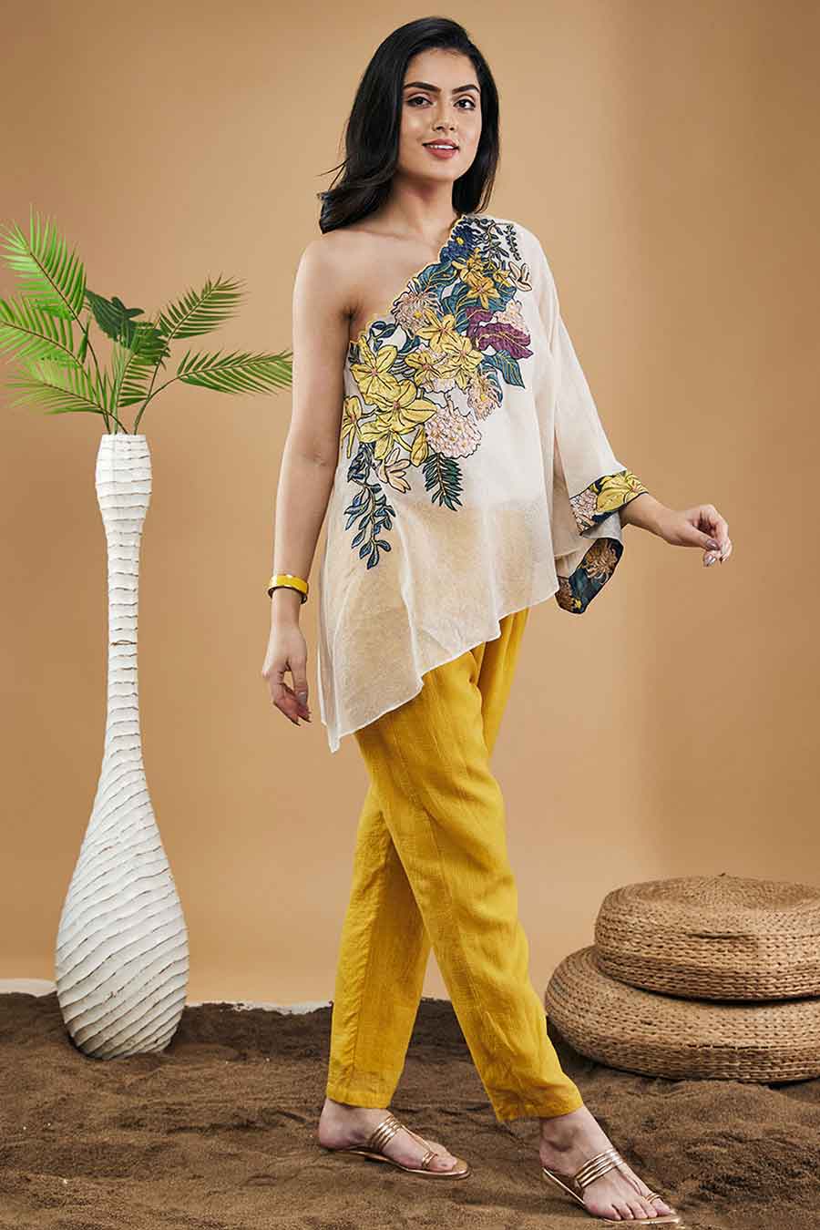 Off-White & Yellow Zinnia Applique One shoulder Top With Pants