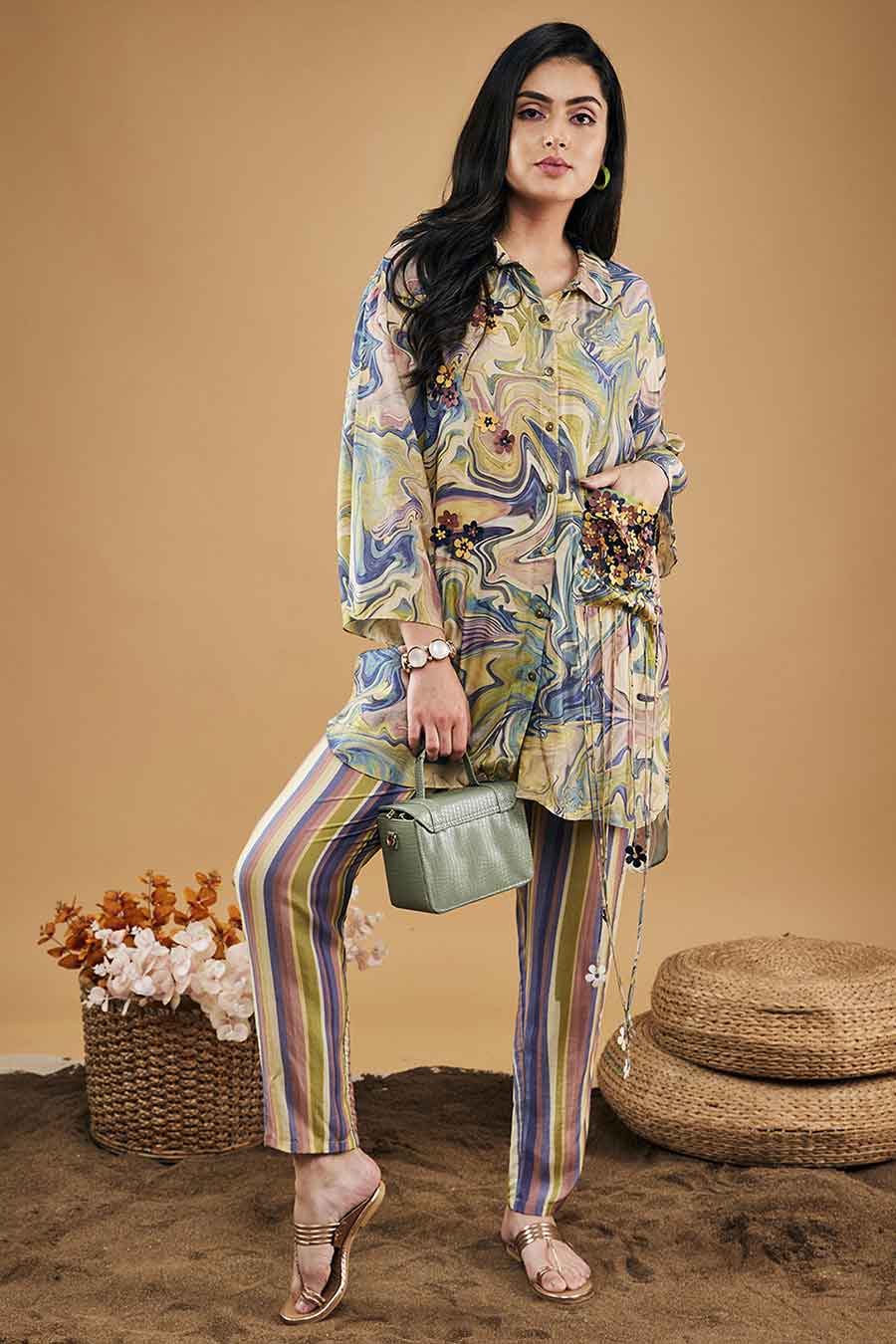 Multicolour Marble Mosaic Embellished Shirt With Pants