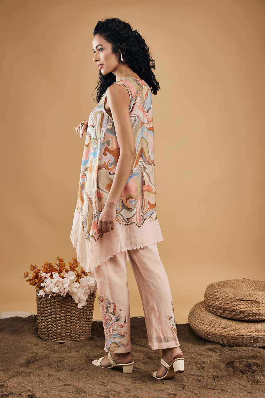 Multicolour Marble Mosaic Embellished Top With Pants