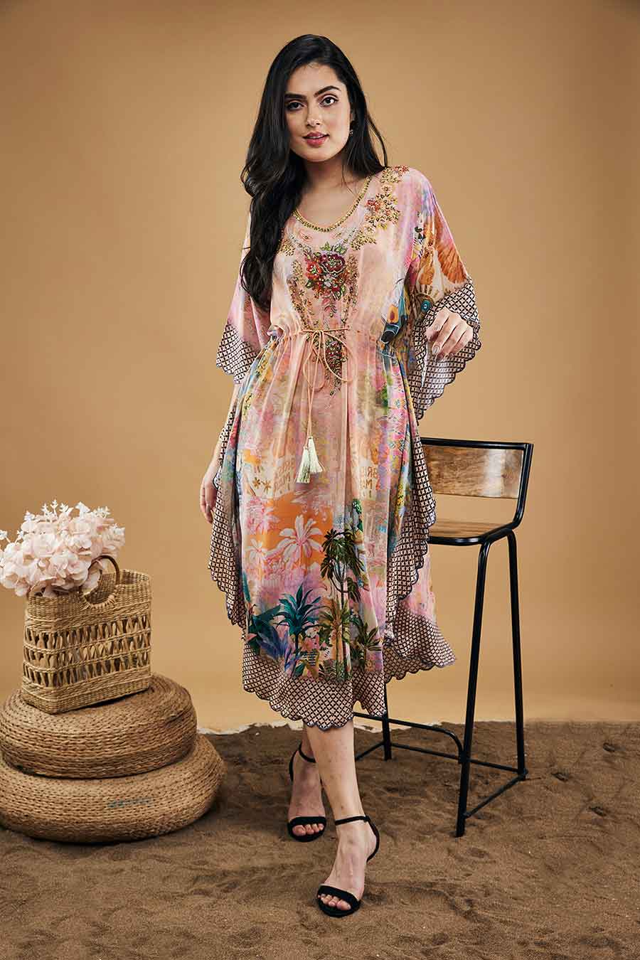 Multicolour Tropical Twilight Embellished Kaftan Dress