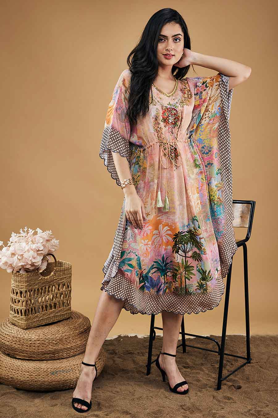 Multicolour Tropical Twilight Embellished Kaftan Dress