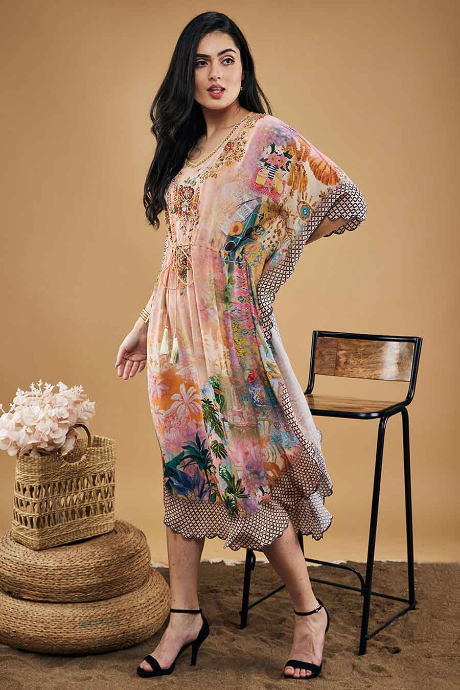 Multicolour Tropical Twilight Embellished Kaftan Dress