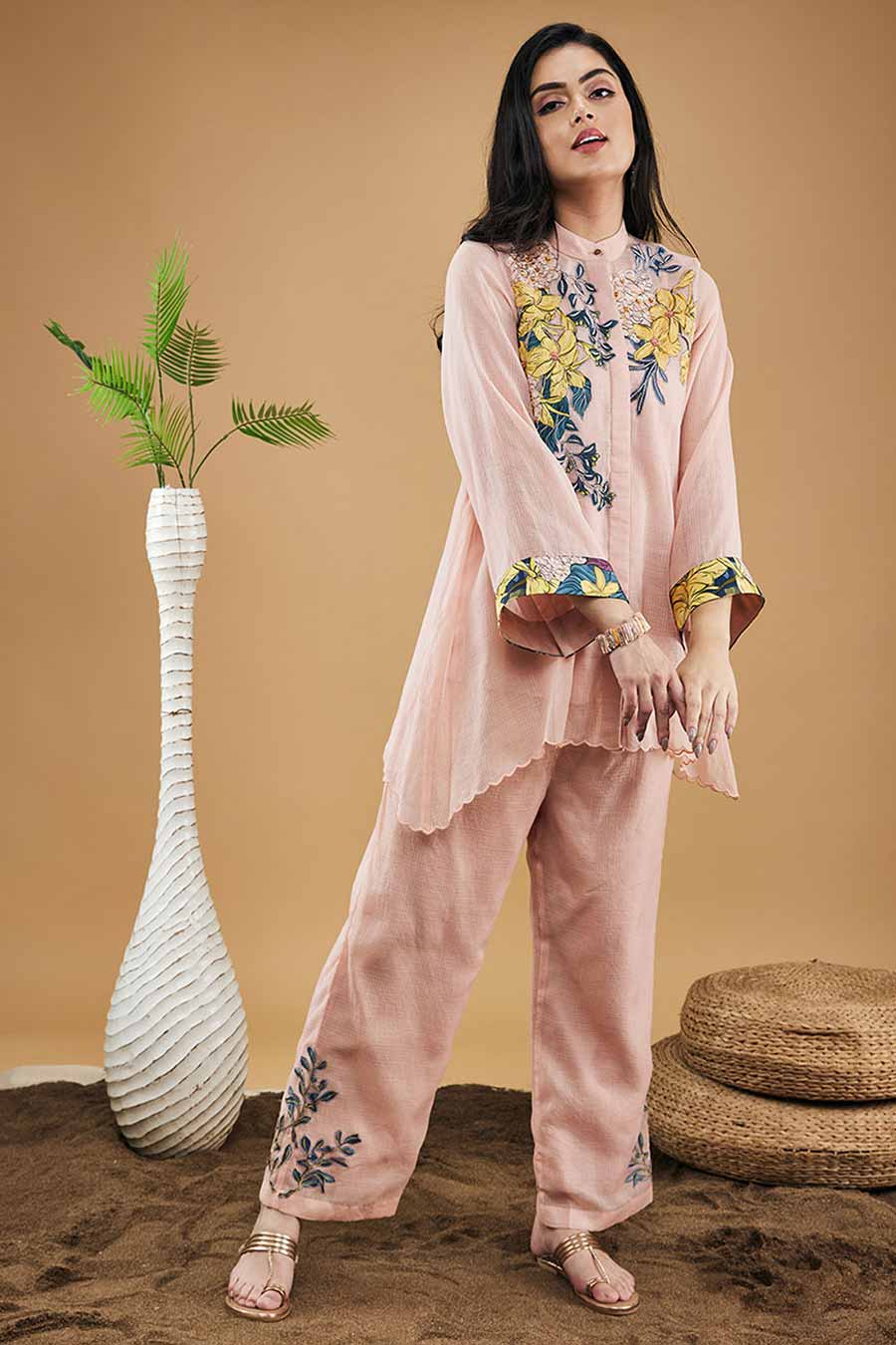 Peach Zinnia Applique High-Low Shirt With Pants