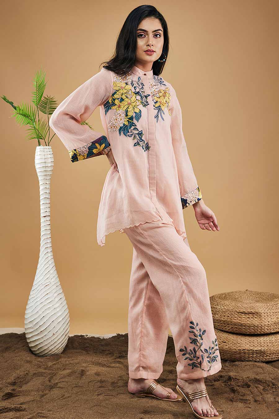 Peach Zinnia Applique High-Low Shirt With Pants