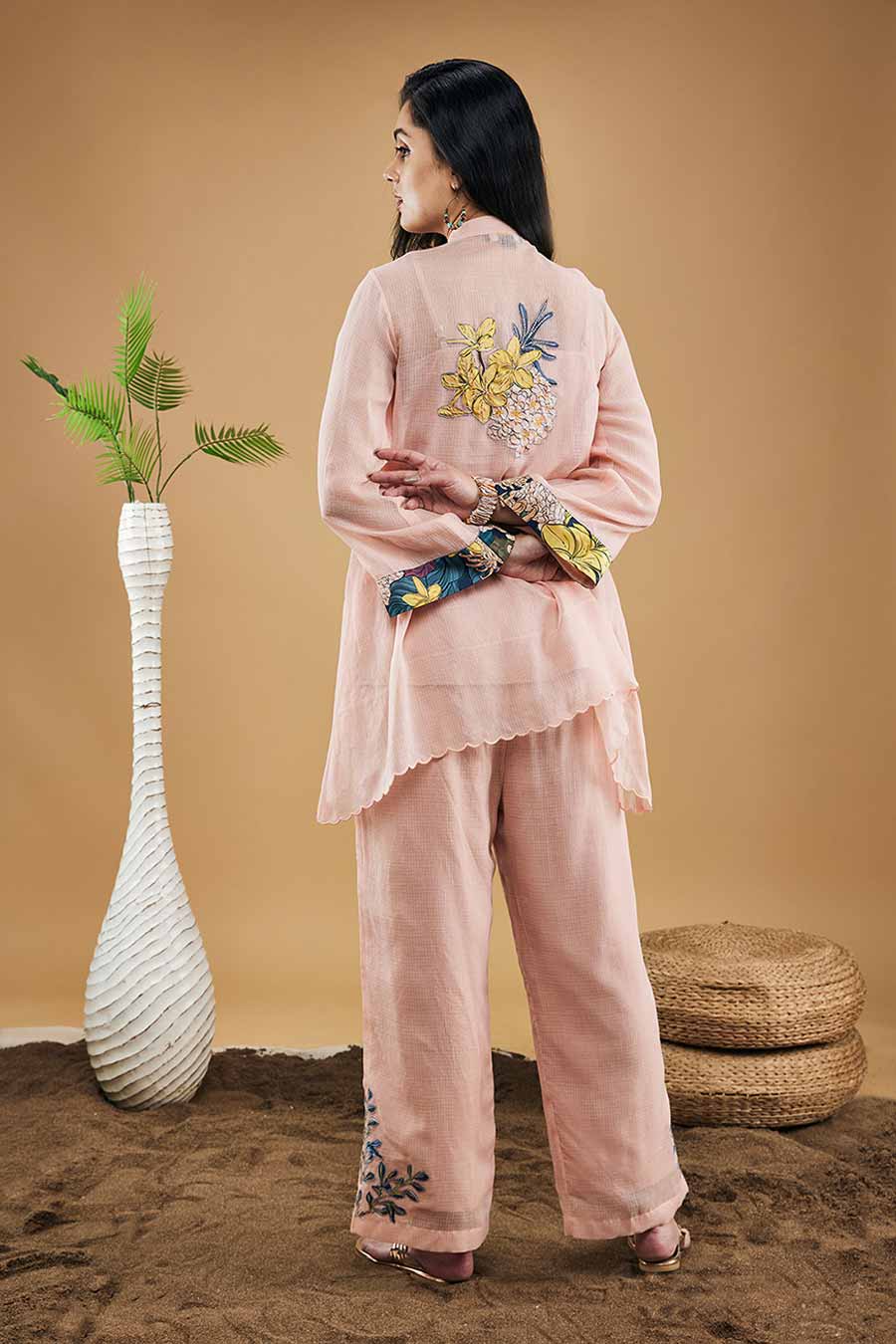 Peach Zinnia Applique High-Low Shirt With Pants