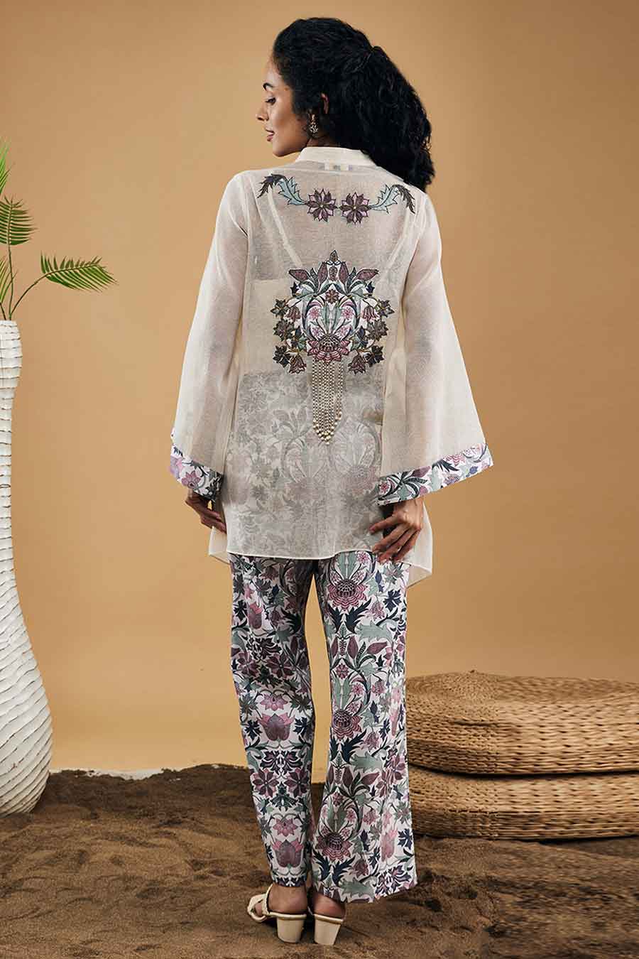 Off-White Pastel Floral Applique Shirt With Pants