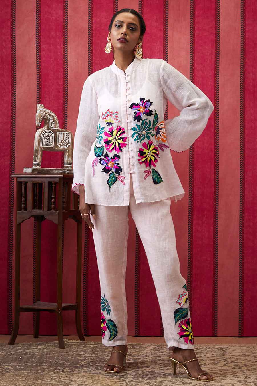 White Zinnia Applique Top & Pant Co-Ord Set