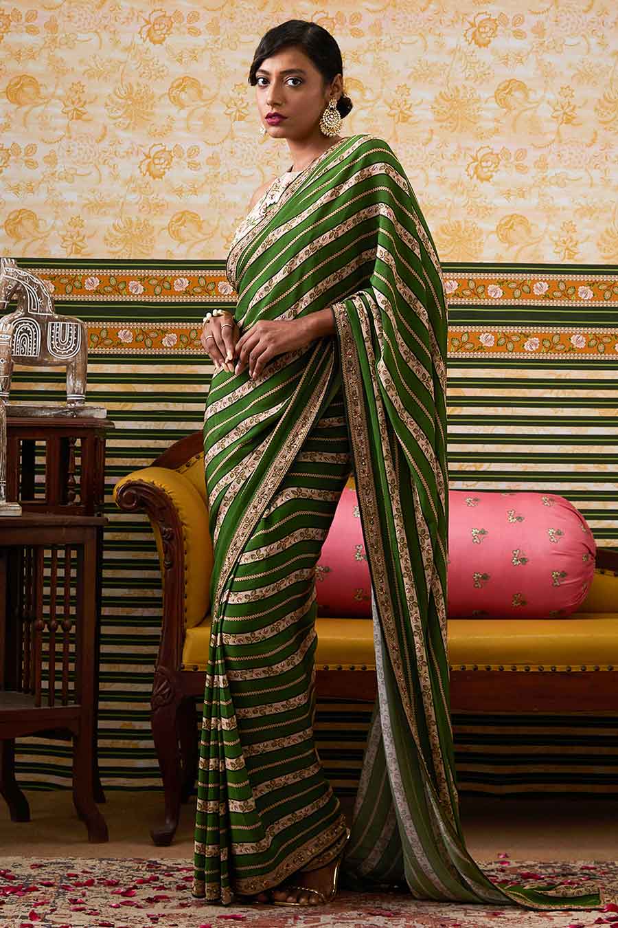 Green & Beige Mehr Embroidered Pre-Draped Saree Set
