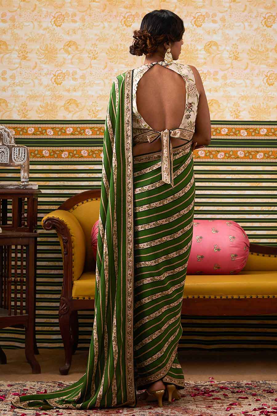 Green & Beige Mehr Embroidered Pre-Draped Saree Set