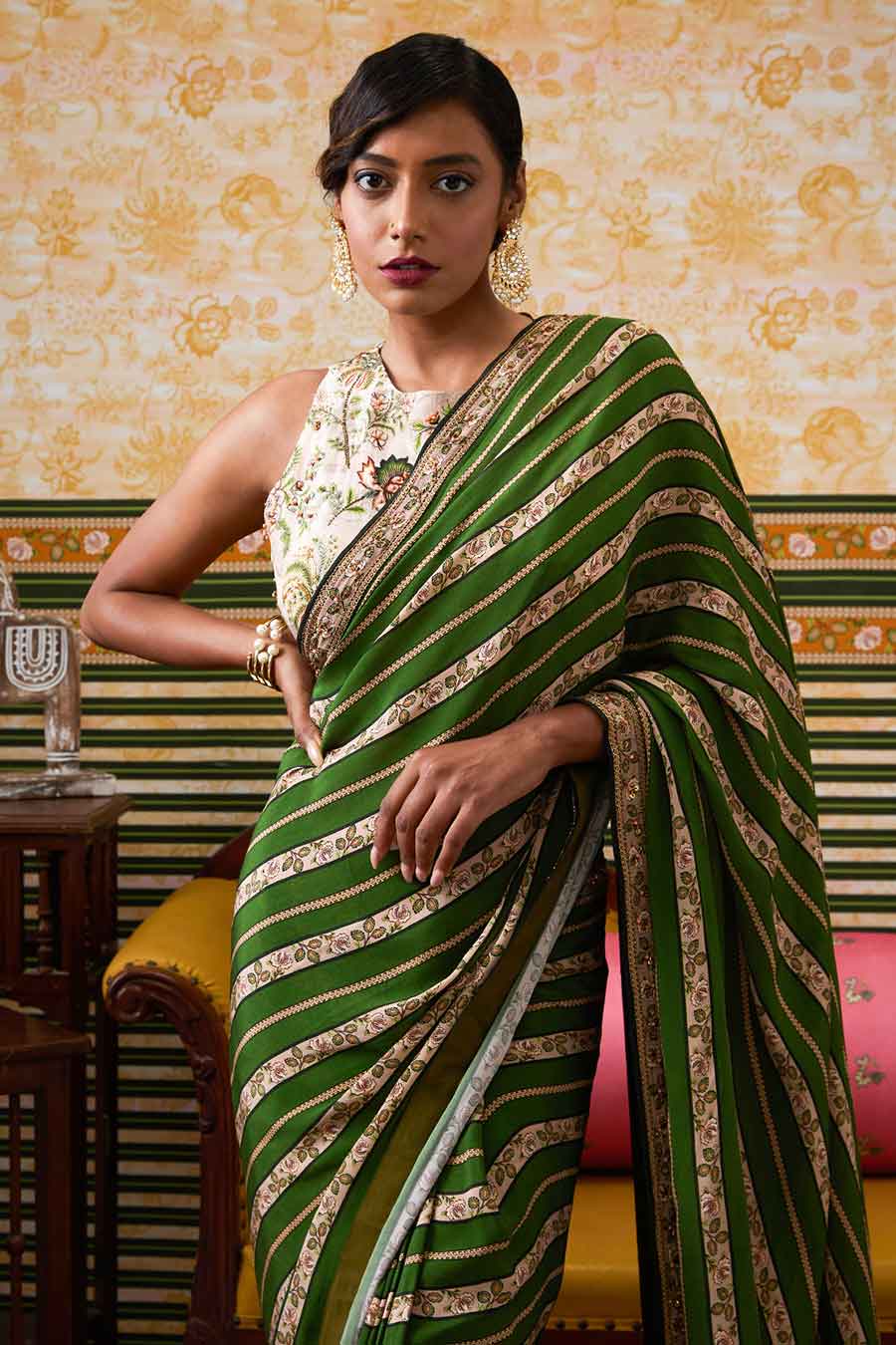 Green & Beige Mehr Embroidered Pre-Draped Saree Set